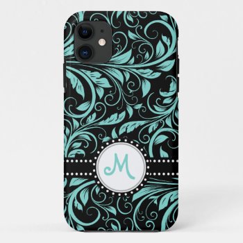 Aqua Blue And Black Damask With Monogram Iphone 11 Case by eatlovepray at Zazzle