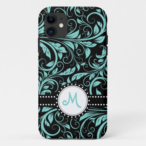 Aqua Blue and black damask with monogram iPhone 11 Case