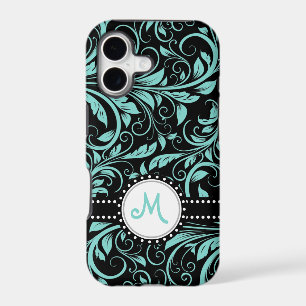 Aqua Blue and black damask with monogram iPhone 17 Case