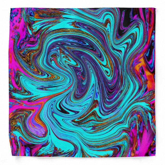 Aqua Blue and Black Groovy Abstract Retro Art Bandana (Front)
