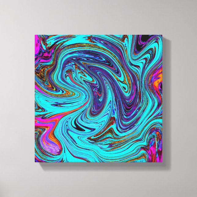 Aqua Blue and Black Groovy Abstract Retro Art Canvas Print (Front)