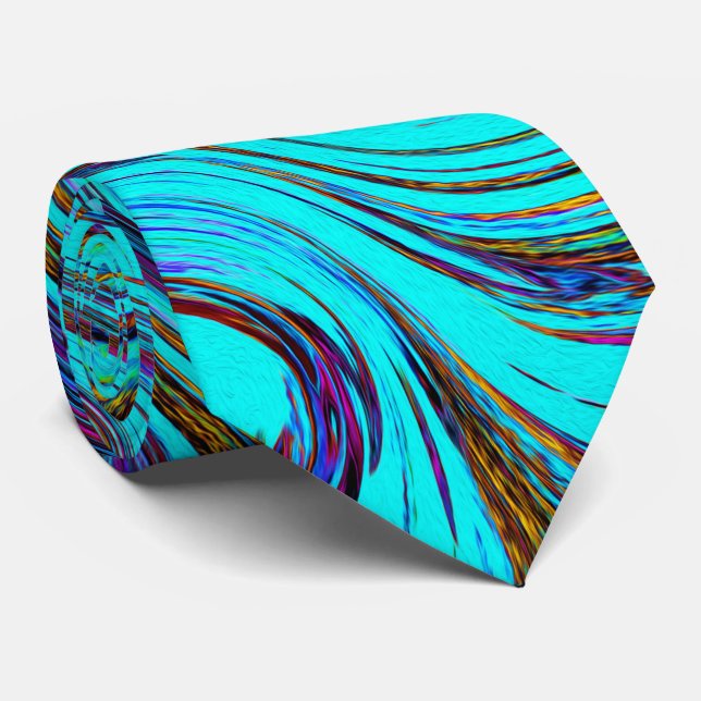 Aqua Blue and Black Groovy Abstract Retro Art Neck Tie (Rolled)