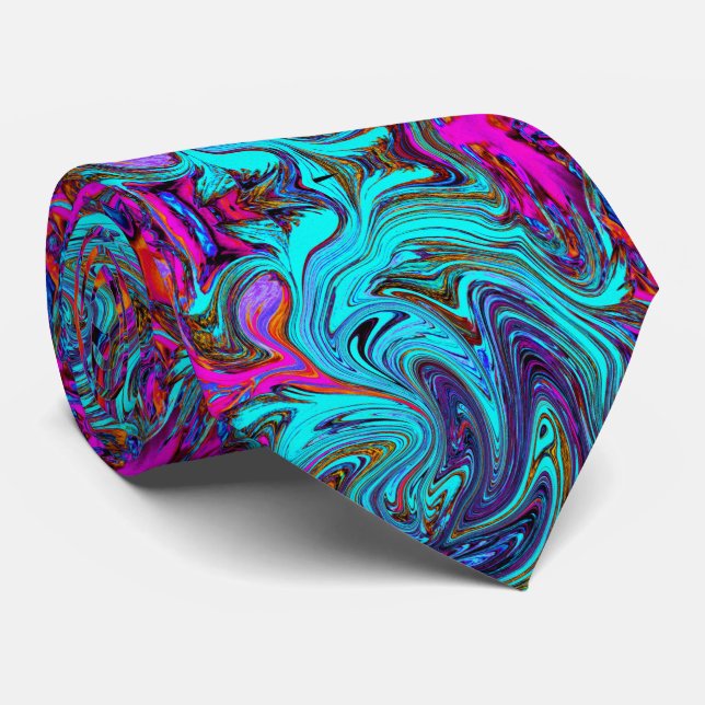 Aqua Blue and Black Groovy Abstract Retro Art Neck Tie (Rolled)