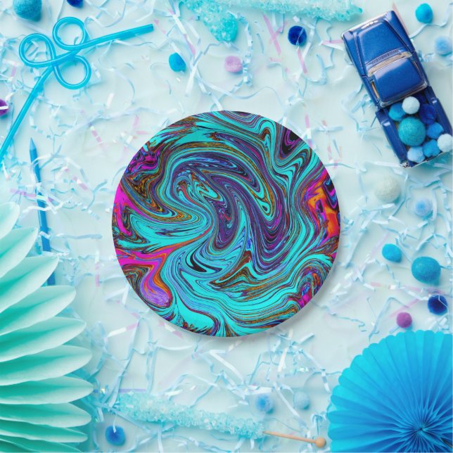 Aqua Blue and Black Groovy Abstract Retro Art Paper Plates (Party)