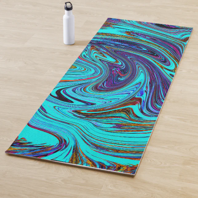 Aqua Blue and Black Groovy Abstract Retro Art Yoga Mat