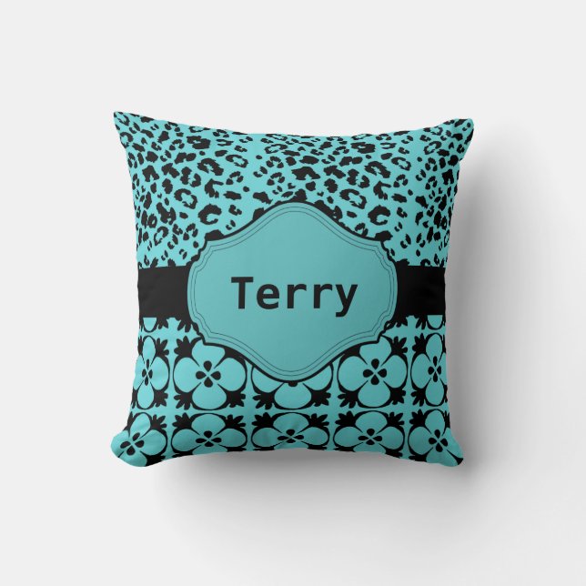 Aqua Blue and Black Monogram Pillow (Front)