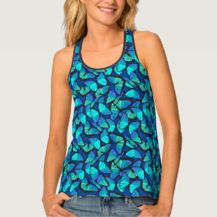 Aqua Blue and Black Morpho Butterfly Print Tank Top