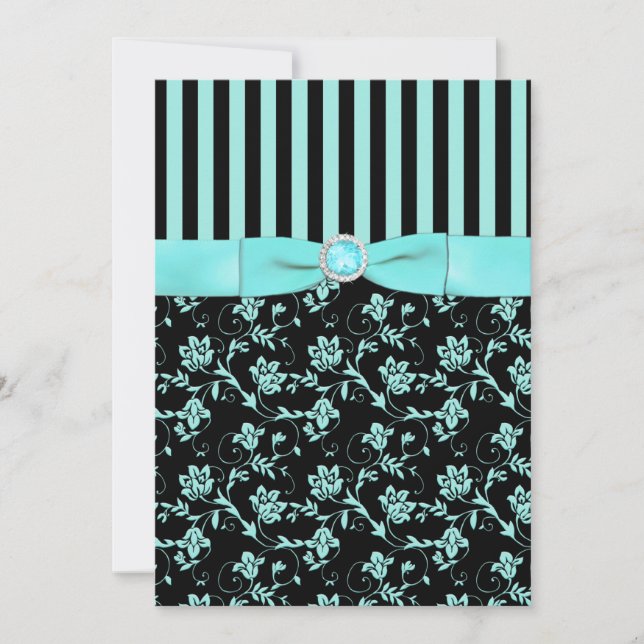 Aqua Blue and Black Striped Invitation (Front)