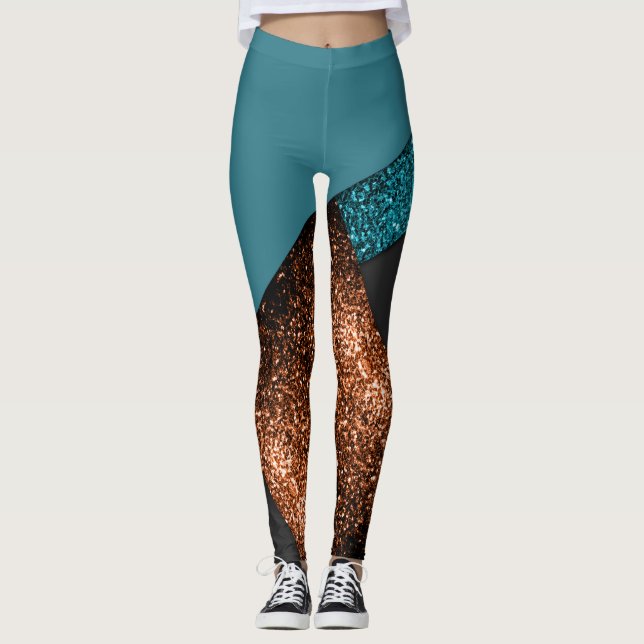 Aqua blue and bronze sparkles modern color block leggings (Front)