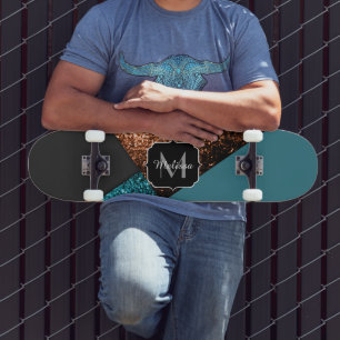 Aqua blue and bronze sparkles modern Monogram Skateboard Deck