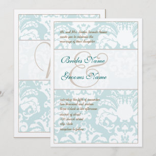 Aqua Blue and Brown Damask Wedding Invitation