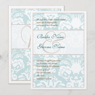 Aqua Blue and Brown Damask Wedding Invitation