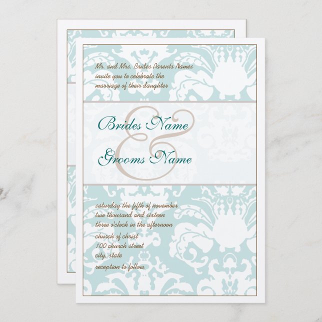 Aqua Blue and Brown Damask Wedding Invitation (Front/Back)