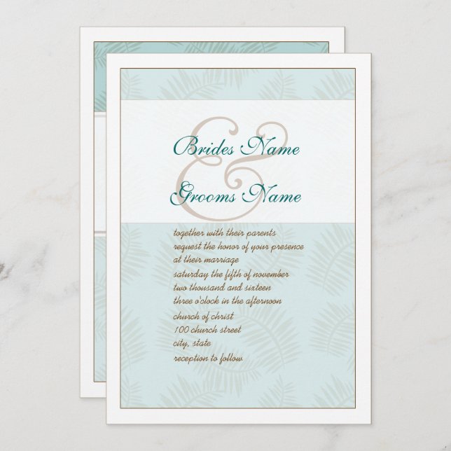 Aqua Blue and Brown Leaves Wedding Invitation (Front/Back)