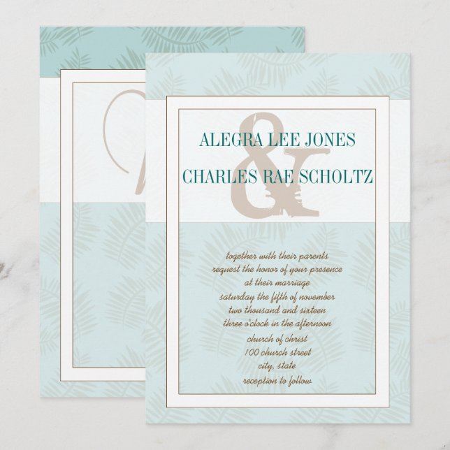 Aqua Blue and Brown Leaves Wedding Invitation (Front/Back)