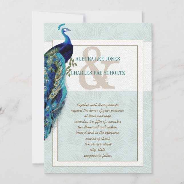 Aqua Blue and Brown Peacock Wedding Invitation (Front)
