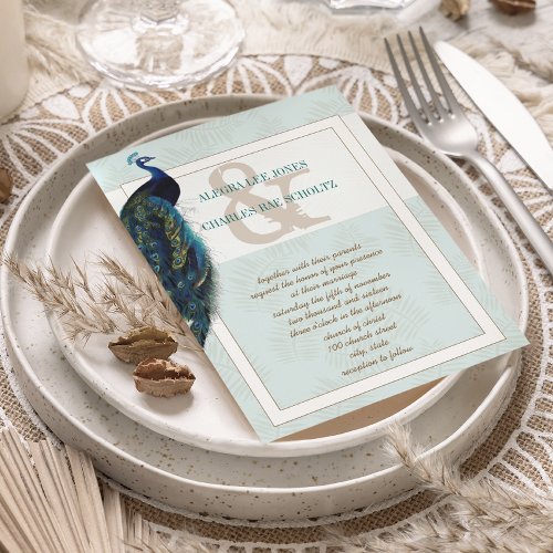 Aqua Blue and Brown Peacock Wedding Invitation