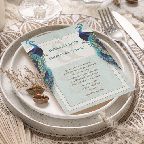 Aqua Blue and Brown Peacock Wedding Invitation
