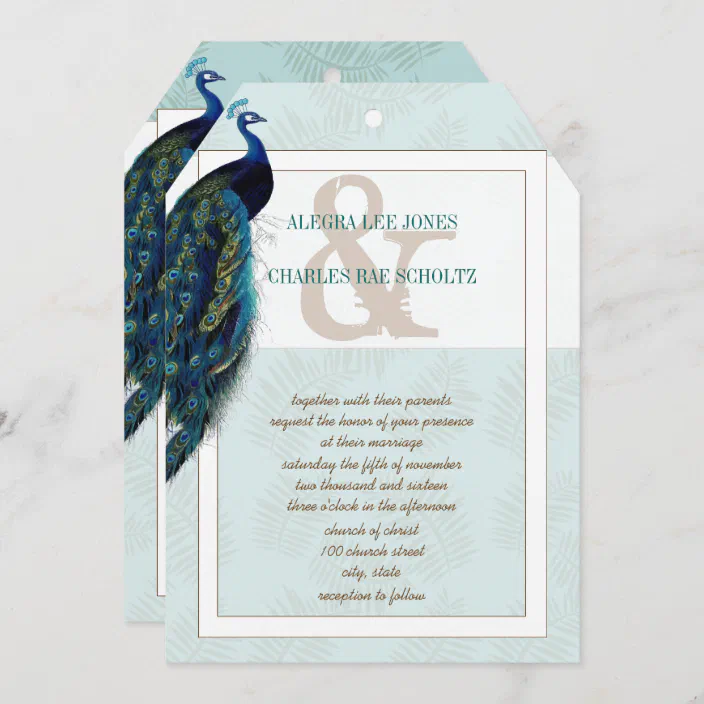 50 100 Peacock FEATHER 5X7 WEDDING Personalized Invitations  BLUE Custom 
