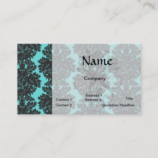 Customizable aqua blue and dark gray damask pattern business card