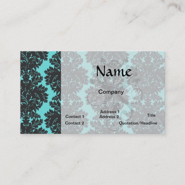 aqua blue and dark gray damask pattern business card (Front)