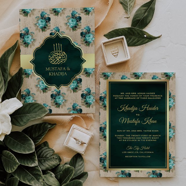 Aqua Blue and Emerald Green Floral Muslim Wedding Invitation (Creator Uploaded)
