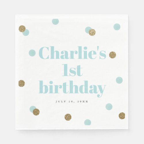 Aqua blue and gold confetti first birthday party napkins