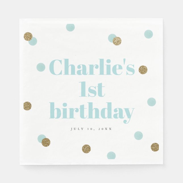 Aqua blue and gold confetti first birthday party napkins (Front)