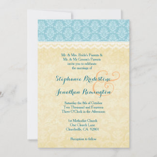 Aqua Blue and Gold Damask with Lace Wedding A01 Invitation