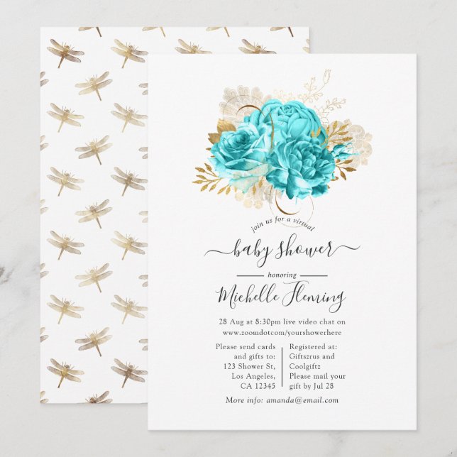 Aqua Blue and Gold Floral Virtual Shower Invitation (Front/Back)