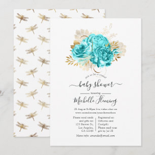 Aqua Blue and Gold Floral Virtual Shower Invitation