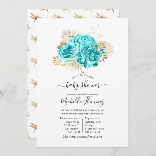 Aqua Blue and Gold Floral Virtual Shower Invitation