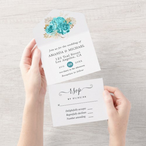 Aqua Blue and Gold Floral Wedding All In One Invitation