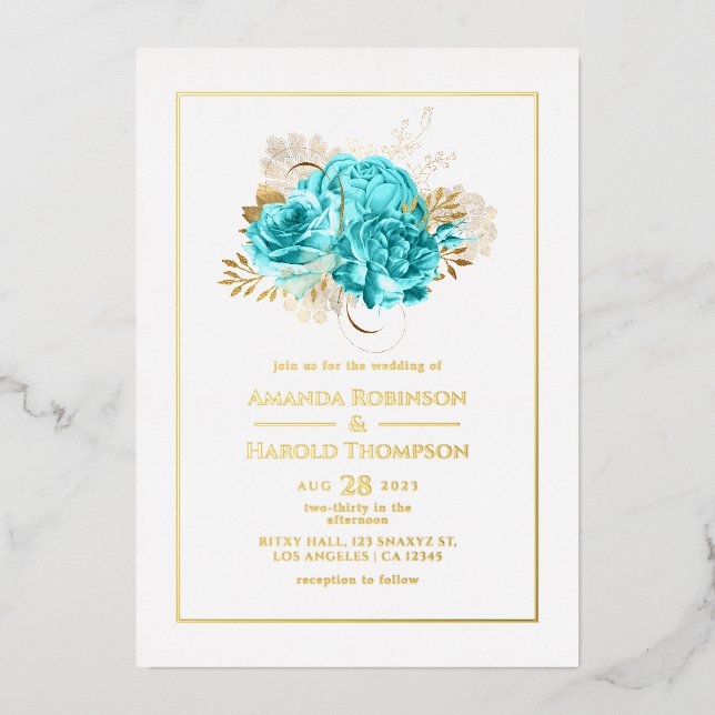 Aqua Blue and Gold Floral Wedding Foil Invitation (Front)