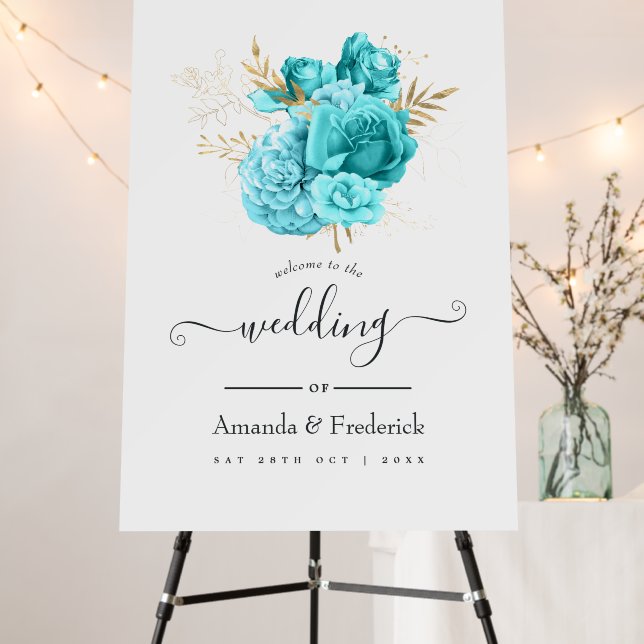 Aqua Blue and Gold Floral Wedding Welcome Foam Board (In Situ (Stand))