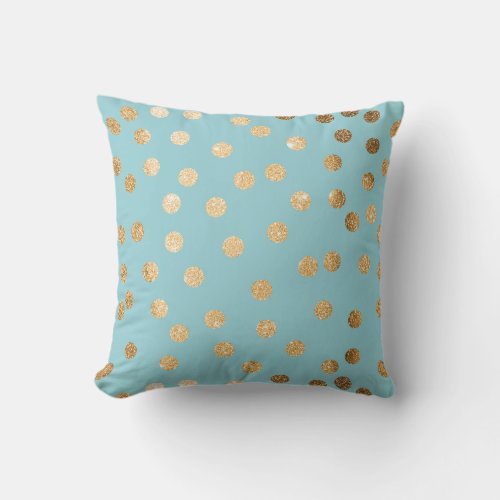 Aqua Blue and Gold Glitter Polka Dot Pillow
