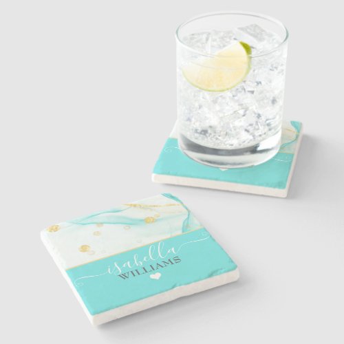 Aqua Blue and Gold Luxury Geode Monogrammed Marble Stone Coaster