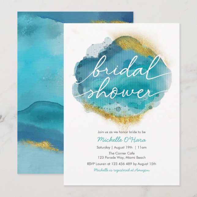 Aqua Blue and gold Ocean Bridal Shower invitation (Front/Back)