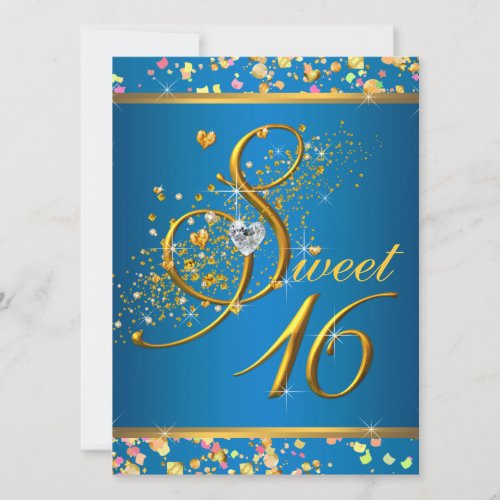 Aqua Blue and Gold Sweet Sixteen Party Invitations