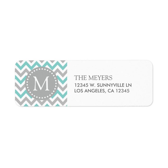 Aqua Blue and Gray Modern Chevron with Monogram Label (Front)