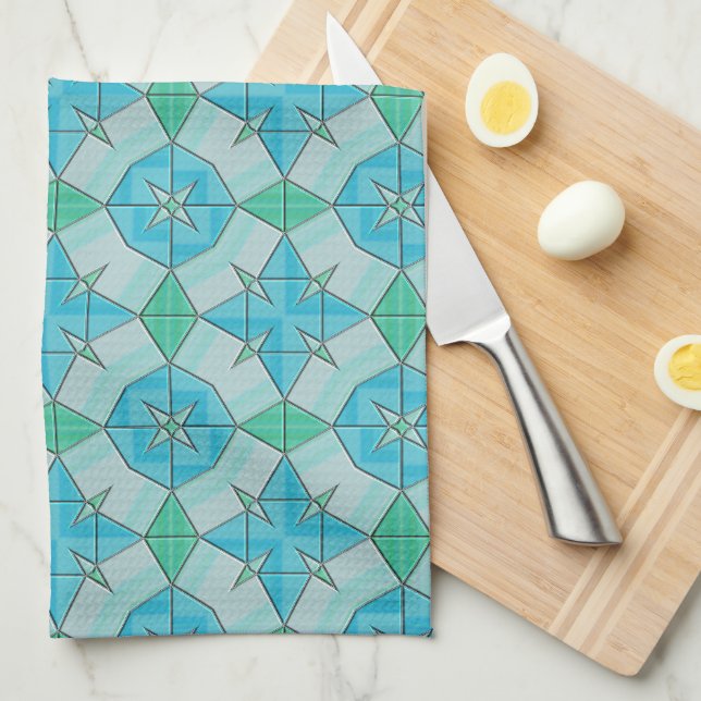 Aqua Blue and Green Geometric Tiled Pattern Towel (Quarter Fold)