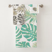 Aqua blue and grey tropical leaves and monogram