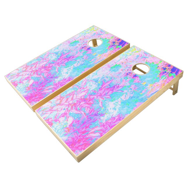 Aqua Blue and Hot Pink Hydrangea Landscape Cornhol Cornhole Set (Angled)
