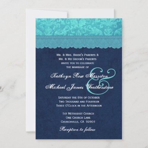 Aqua Blue and Navy Damask Wedding A001 Invitation