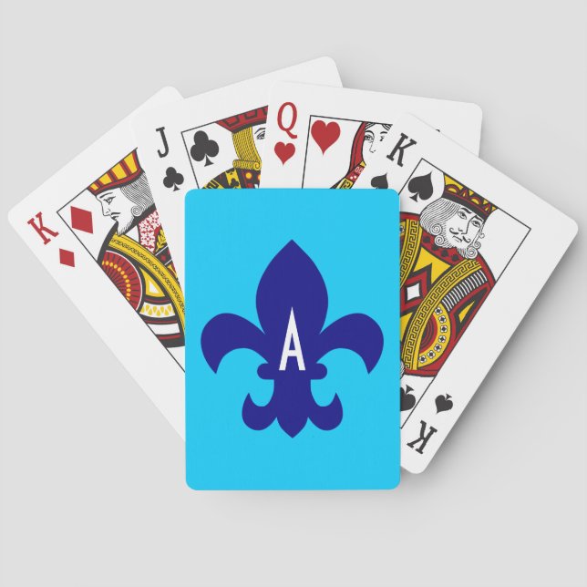 Aqua Blue and Navy Fleur de Lis Monogram Poker Cards (Back)