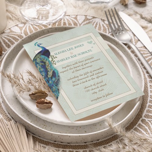 Aqua Blue and Navy Peacock Wedding Invitation