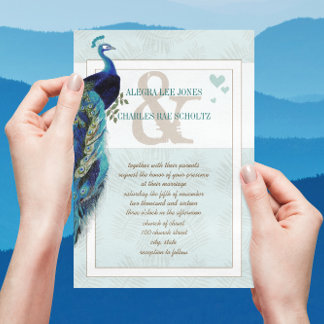 Aqua Blue and Navy Peacock Wedding Invitation