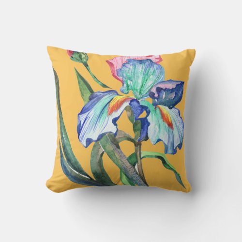 Aqua blue and orange pink watercolor iris flower throw pillow