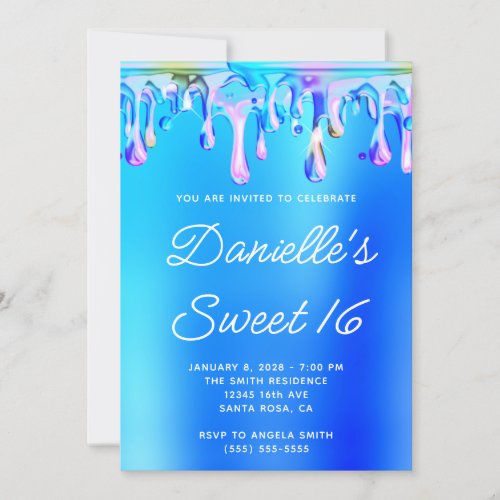 Aqua Blue and Pink Liquid Drip Sweet 16 Invitation