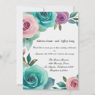 Aqua Blue and Pink Watercolor Floral Roses Wedding Invitation